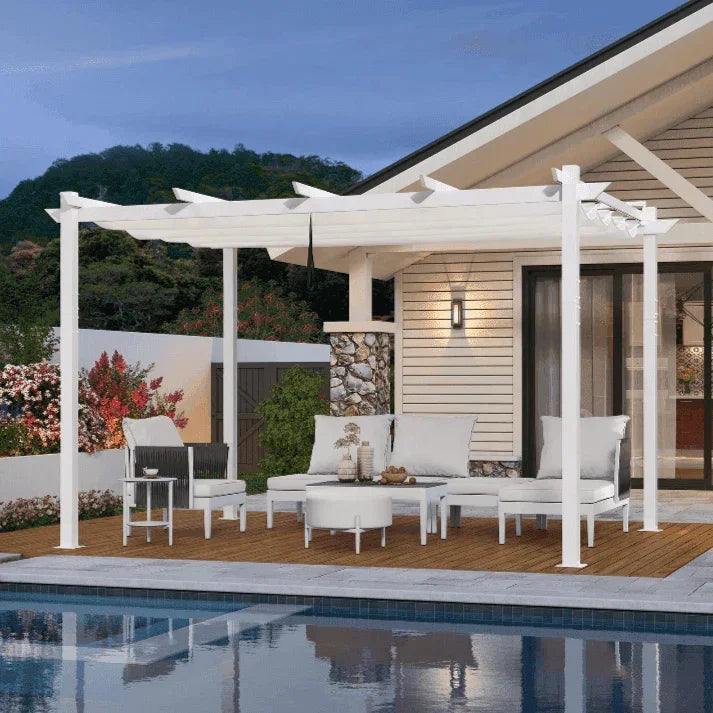 PURPLE LEAF – Pergola extérieure rétractable blanche en aluminium renforcé avec double toile d’ombrage et rideaux