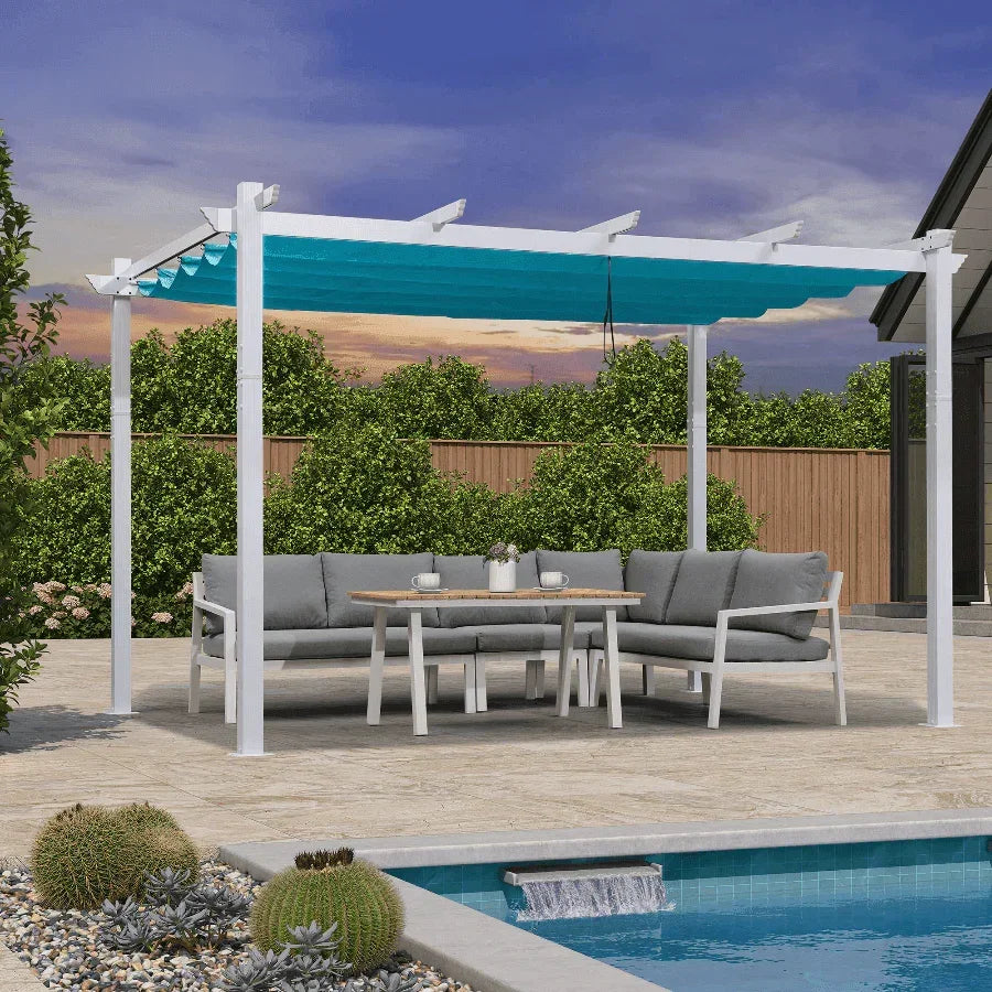 PURPLE LEAF – Pergola extérieure rétractable blanche en métal avec toile d’ombrage et rideaux pour terrasse et jardin