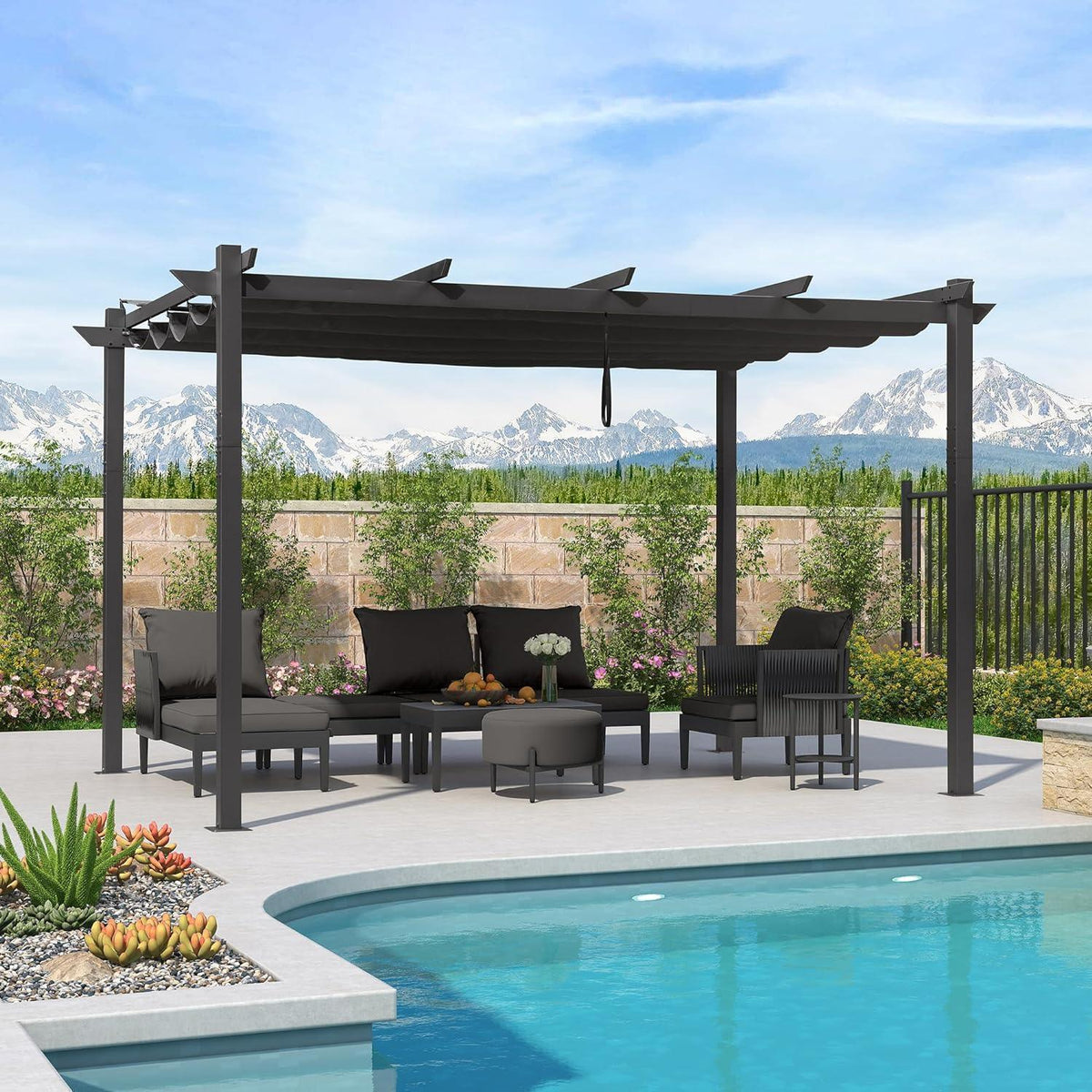 PURPLE LEAF – Pergola extérieure rétractable en aluminium avec toile d’ombrage et rideaux