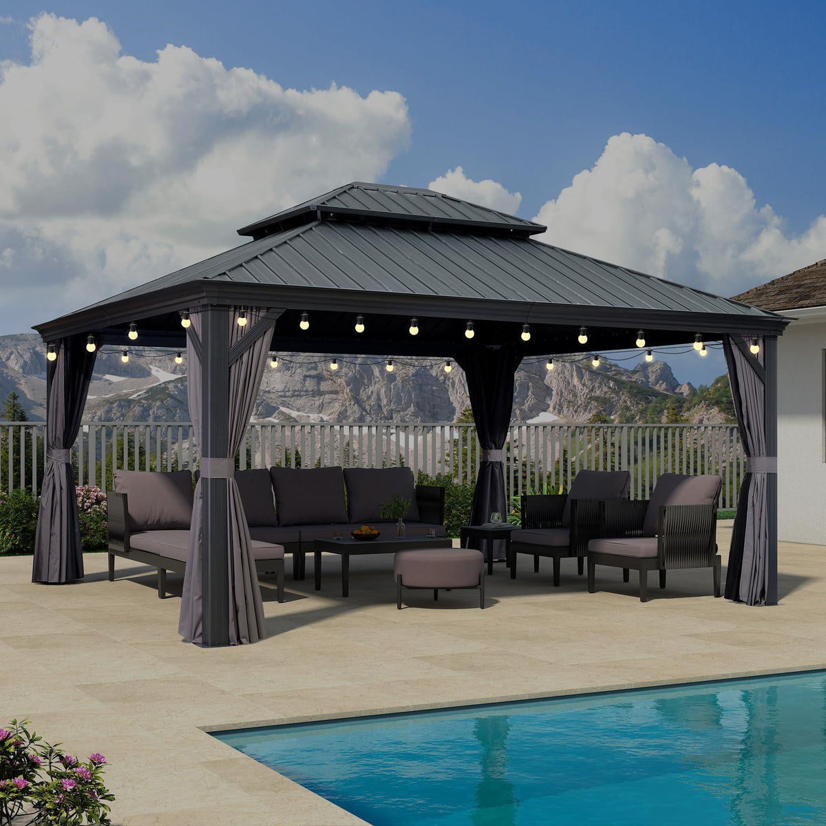 PURPLE LEAF – Pavillon de terrasse pour jardin, toit rigide gris en acier galvanisé avec guirlande lumineuse – clear