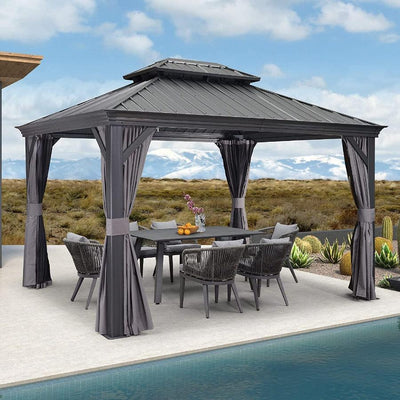 PURPLE LEAF – Pavillon de terrasse pour jardin, toit rigide gris en acier galvanisé avec rideau amélioré