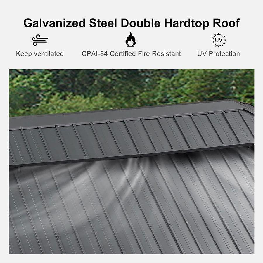 PURPLE LEAF – Pavillon de terrasse pour jardin, toit rigide gris en acier galvanisé avec rideau amélioré