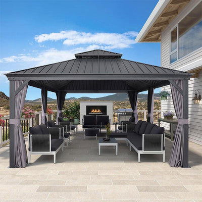 PURPLE LEAF – Pavillon de terrasse pour jardin, toit rigide gris en acier galvanisé avec rideau amélioré