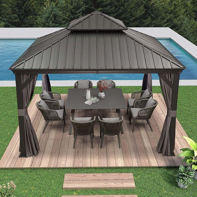 PURPLE LEAF – Pavillon de terrasse pour jardin, toit rigide gris en acier galvanisé avec rideau amélioré