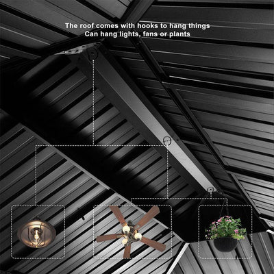 PURPLE LEAF – Pavillon de terrasse pour jardin, toit rigide gris en acier galvanisé avec rideau amélioré