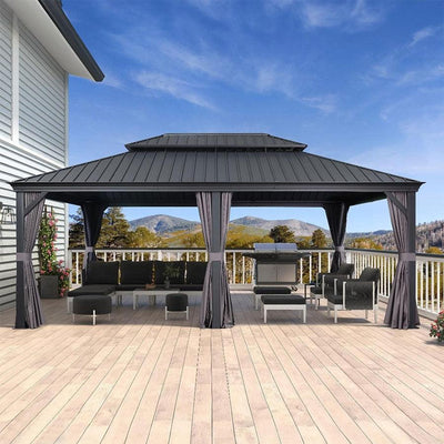 PURPLE LEAF – Pavillon de terrasse pour jardin, toit rigide gris en acier galvanisé avec rideau amélioré