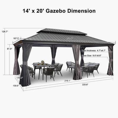 PURPLE LEAF – Pavillon de terrasse pour jardin, toit rigide gris en acier galvanisé avec rideau amélioré
