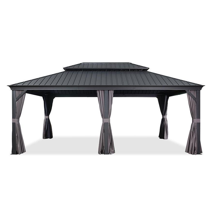 PURPLE LEAF – Pavillon de terrasse pour jardin, toit rigide gris en acier galvanisé avec rideau amélioré