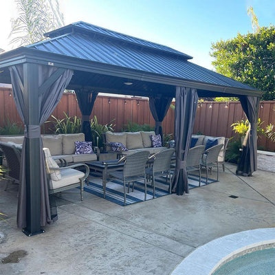 PURPLE LEAF – Pavillon de terrasse pour jardin, toit rigide gris en acier galvanisé avec rideau amélioré