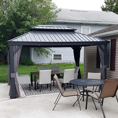 PURPLE LEAF – Pavillon de terrasse pour jardin, toit rigide gris en acier galvanisé avec rideau amélioré