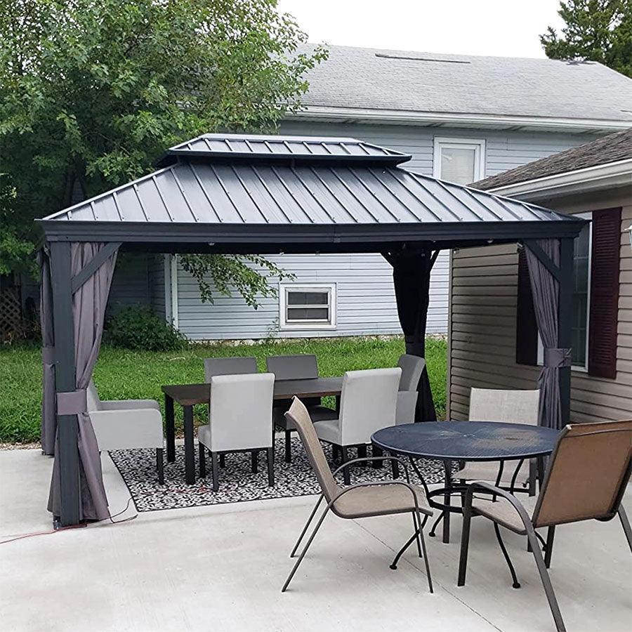 PURPLE LEAF – Pavillon de terrasse pour jardin, toit rigide gris en acier galvanisé avec rideau amélioré