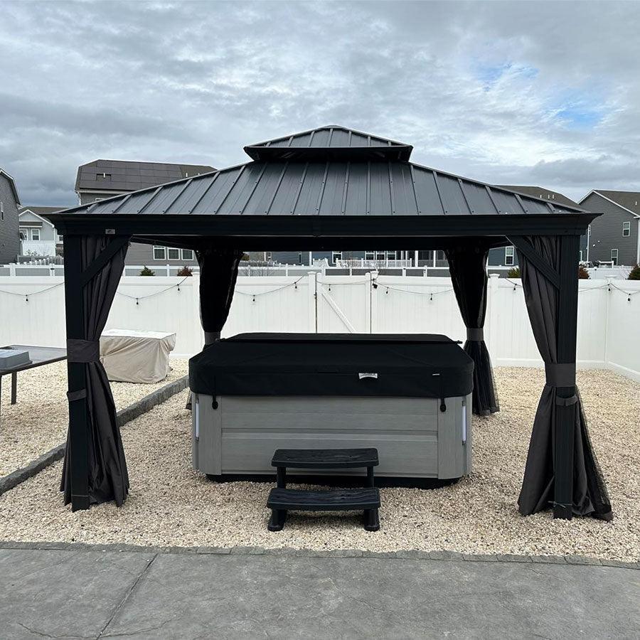 PURPLE LEAF – Pavillon de terrasse pour jardin, toit rigide gris en acier galvanisé avec rideau amélioré
