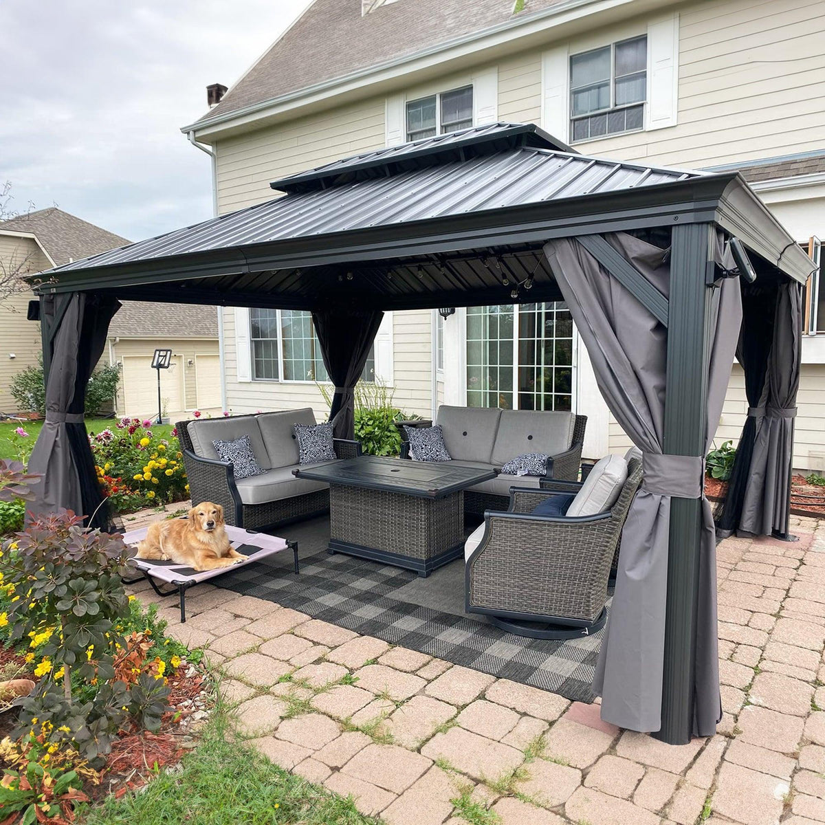 PURPLE LEAF – Pavillon de terrasse pour jardin, toit rigide gris en acier galvanisé avec rideau amélioré