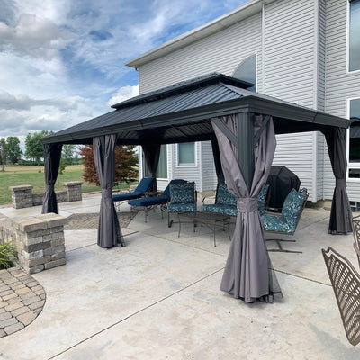 PURPLE LEAF – Pavillon de terrasse pour jardin, toit rigide gris en acier galvanisé avec rideau amélioré