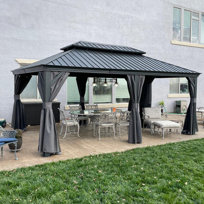 PURPLE LEAF – Pavillon de terrasse pour jardin, toit rigide gris en acier galvanisé avec rideau amélioré