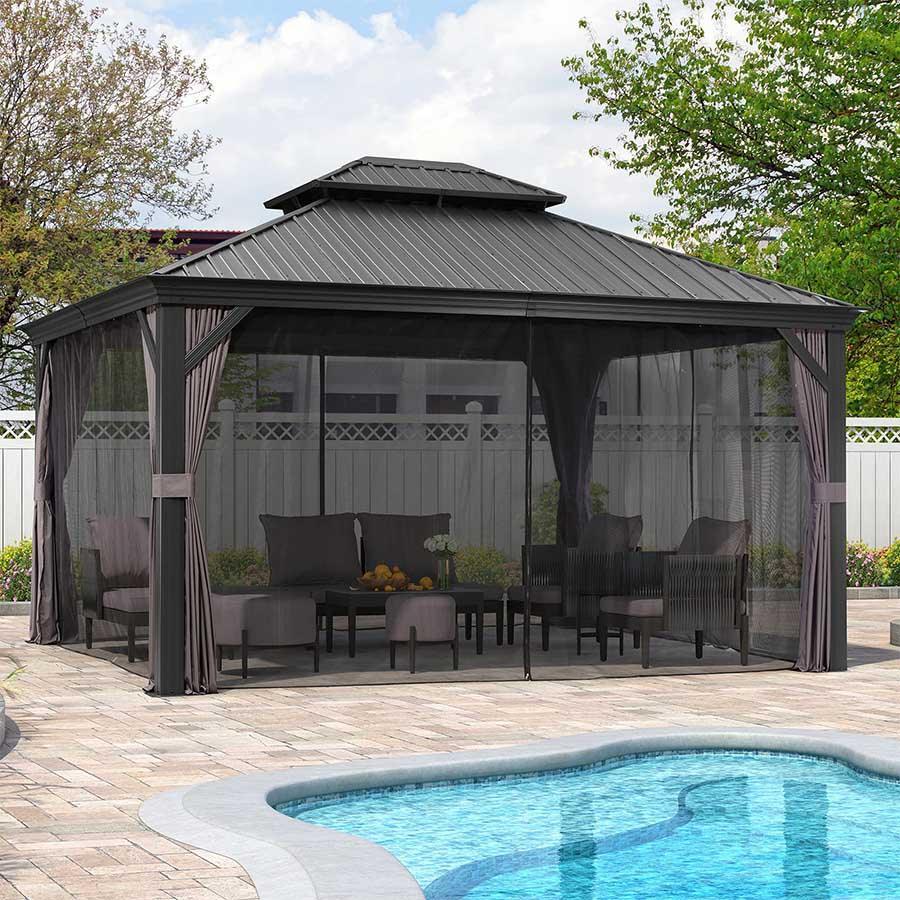 PURPLE LEAF – Pavillon de terrasse pour jardin, toit rigide gris en acier galvanisé avec rideau amélioré