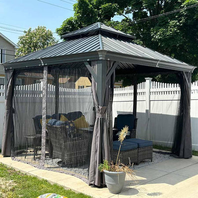 PURPLE LEAF – Pavillon de terrasse pour jardin, toit rigide gris en acier galvanisé avec rideau amélioré