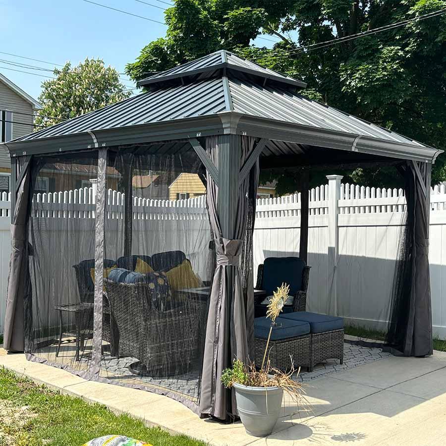PURPLE LEAF – Pavillon de terrasse pour jardin, toit rigide gris en acier galvanisé avec rideau amélioré