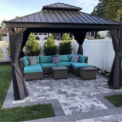 PURPLE LEAF – Pavillon de terrasse pour jardin, toit rigide gris en acier galvanisé avec rideau amélioré