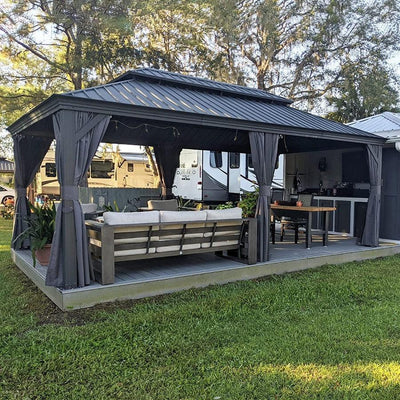 PURPLE LEAF – Pavillon de terrasse pour jardin, toit rigide gris en acier galvanisé avec rideau amélioré