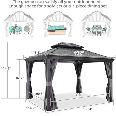 PURPLE LEAF – Pavillon de terrasse pour jardin, toit rigide gris en acier galvanisé avec rideau amélioré