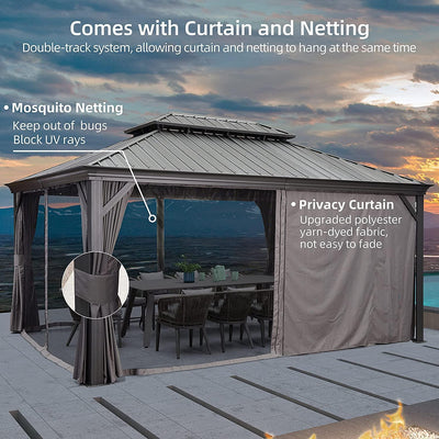 PURPLE LEAF – Pavillon de terrasse pour jardin, toit rigide gris en acier galvanisé avec rideau amélioré