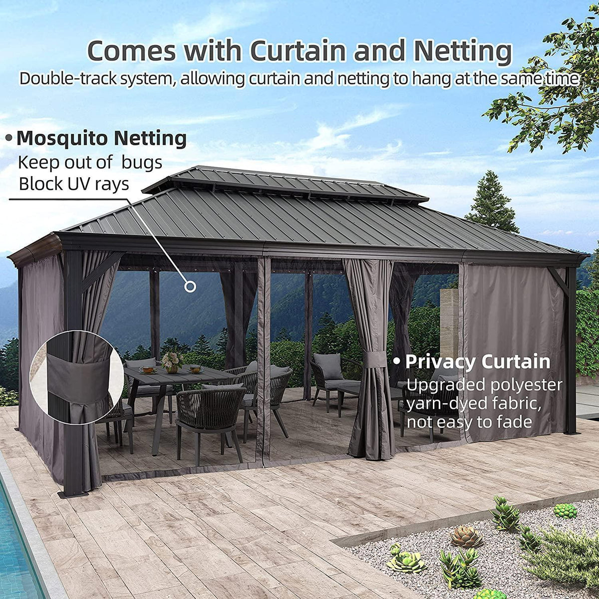 PURPLE LEAF – Pavillon de terrasse pour jardin, toit rigide gris en acier galvanisé avec rideau amélioré