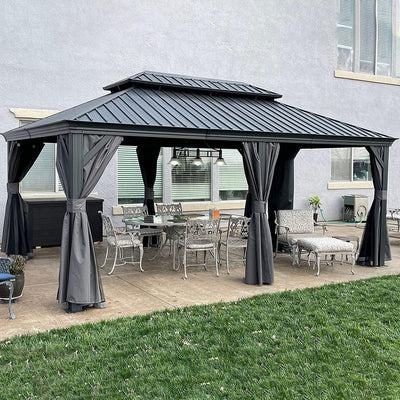 PURPLE LEAF – Pavillon de terrasse pour jardin, toit rigide gris en acier galvanisé avec rideau amélioré