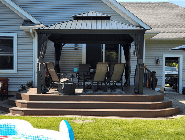 PURPLE LEAF – Pavillon de terrasse pour jardin, toit rigide gris en acier galvanisé avec rideau amélioré