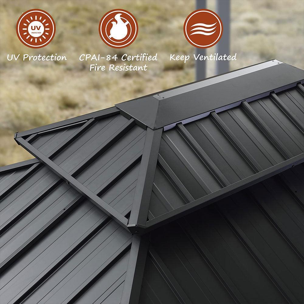 PURPLE LEAF – Pavillon de terrasse pour jardin, toit rigide gris en acier galvanisé avec rideau amélioré