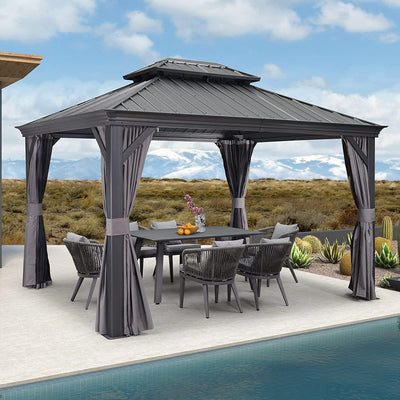 PURPLE LEAF – Pavillon de terrasse pour jardin, toit rigide gris en acier galvanisé avec rideau amélioré
