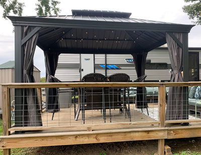 PURPLE LEAF – Pavillon de terrasse pour jardin, toit rigide gris en acier galvanisé avec rideau amélioré