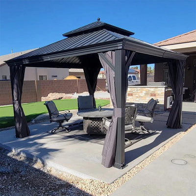 PURPLE LEAF – Pavillon de terrasse pour jardin, toit rigide gris en acier galvanisé avec rideau amélioré