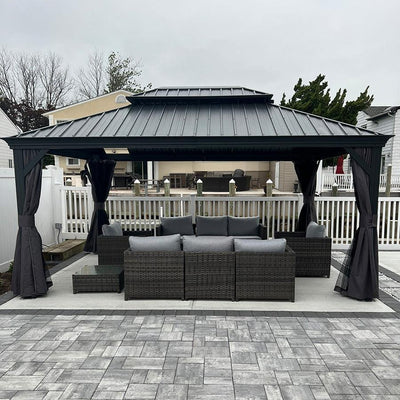 PURPLE LEAF – Pavillon de terrasse pour jardin, toit rigide gris en acier galvanisé avec rideau amélioré