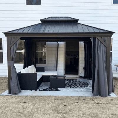 PURPLE LEAF – Pavillon de terrasse pour jardin, toit rigide gris en acier galvanisé avec rideau amélioré