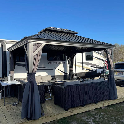 PURPLE LEAF – Pavillon de terrasse pour jardin, toit rigide gris en acier galvanisé avec rideau amélioré