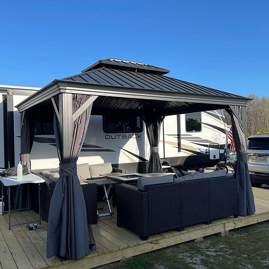 PURPLE LEAF – Pavillon de terrasse pour jardin, toit rigide gris en acier galvanisé avec rideau amélioré