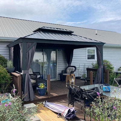 PURPLE LEAF – Pavillon de terrasse pour jardin, toit rigide gris en acier galvanisé avec rideau amélioré