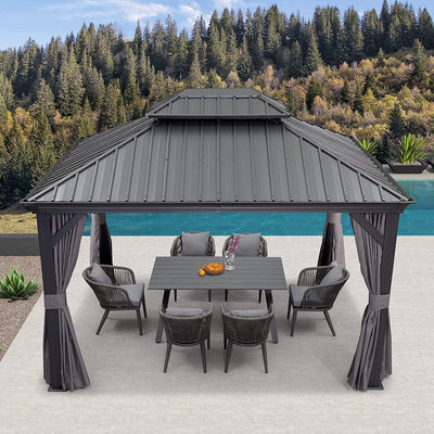 PURPLE LEAF – Pavillon de terrasse pour jardin, toit rigide gris en acier galvanisé avec rideau amélioré