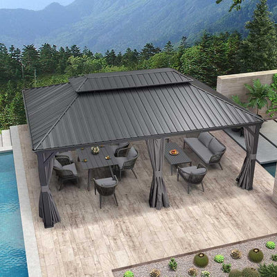 PURPLE LEAF – Pavillon de terrasse pour jardin, toit rigide gris en acier galvanisé avec rideau amélioré