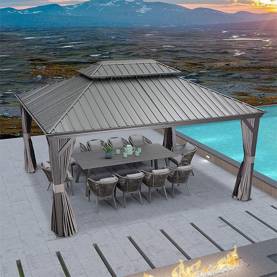PURPLE LEAF – Pavillon de terrasse pour jardin, toit rigide gris en acier galvanisé avec rideau amélioré