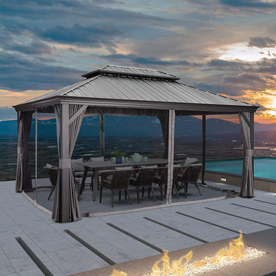 PURPLE LEAF – Pavillon de terrasse pour jardin, toit rigide gris en acier galvanisé avec rideau amélioré