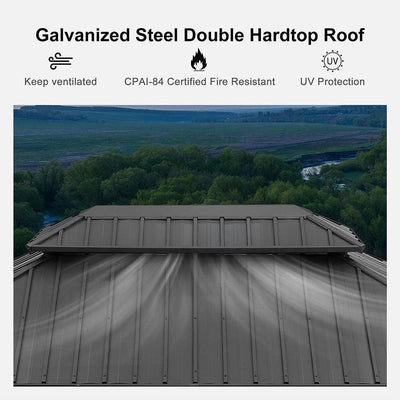 PURPLE LEAF – Pavillon de terrasse pour jardin, toit rigide gris en acier galvanisé avec rideau amélioré