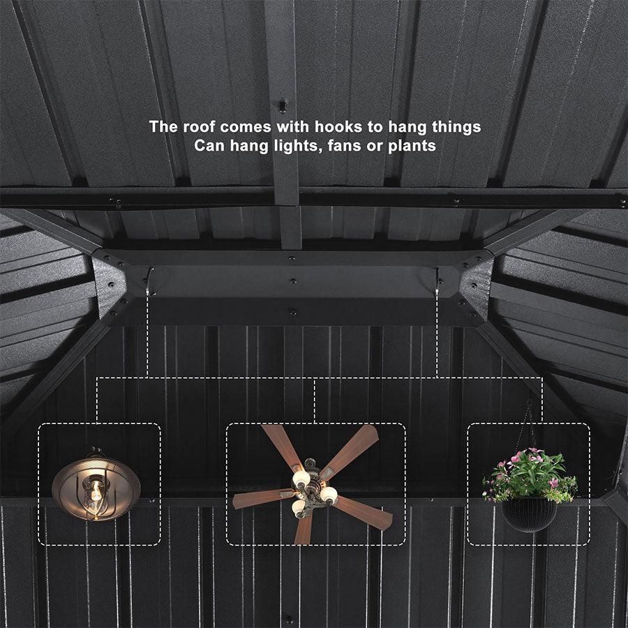 PURPLE LEAF – Pavillon de terrasse pour jardin, toit rigide gris en acier galvanisé avec rideau amélioré