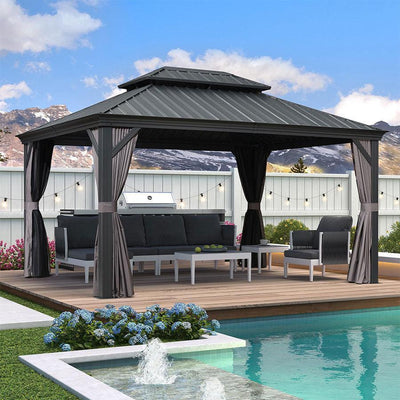 PURPLE LEAF – Pavillon de terrasse pour jardin, toit rigide gris en acier galvanisé avec rideau amélioré