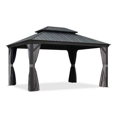 PURPLE LEAF – Pavillon de terrasse pour jardin, toit rigide gris en acier galvanisé avec rideau amélioré