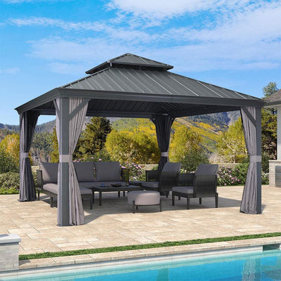 PURPLE LEAF – Pavillon de terrasse pour jardin, toit rigide gris en acier galvanisé avec rideau amélioré
