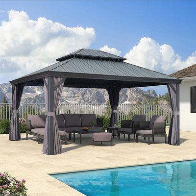 PURPLE LEAF – Pavillon de terrasse pour jardin, toit rigide gris en acier galvanisé avec rideau amélioré