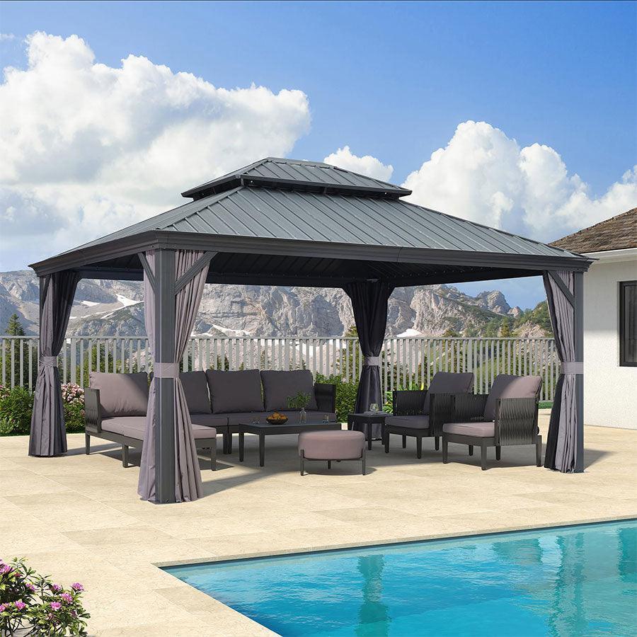 PURPLE LEAF – Pavillon de terrasse pour jardin, toit rigide gris en acier galvanisé avec rideau amélioré