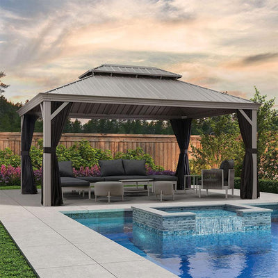 PURPLE LEAF – Pavillon de terrasse pour piscine, toit rigide gris clair en acier galvanisé avec rideaux améliorés